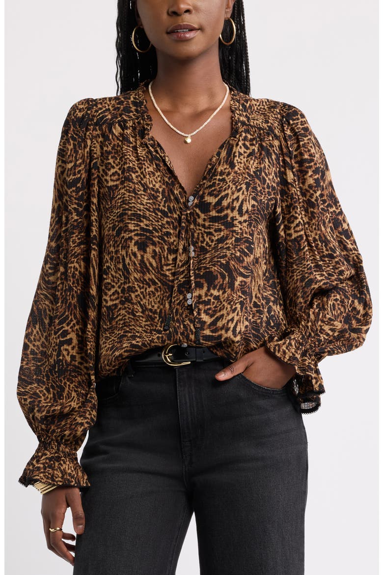 Floral Ruffled Button Front Shirt, Main, color, TAN- BLACK LEOPARD ABSTRACT