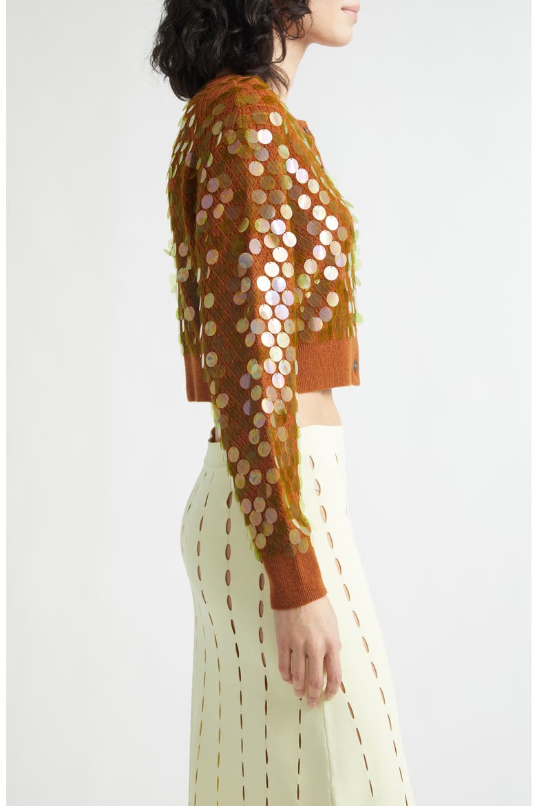 Mina Pointelle Knit Paillette Merino Wool & Cashmere Cardigan, Alternate, color, TOBACCO