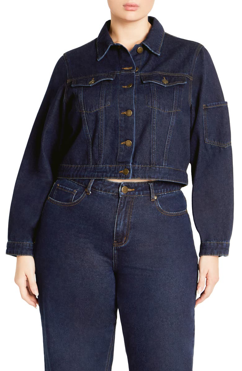 City Chic Jojo Denim Jacket, Main, color, Dark Denim