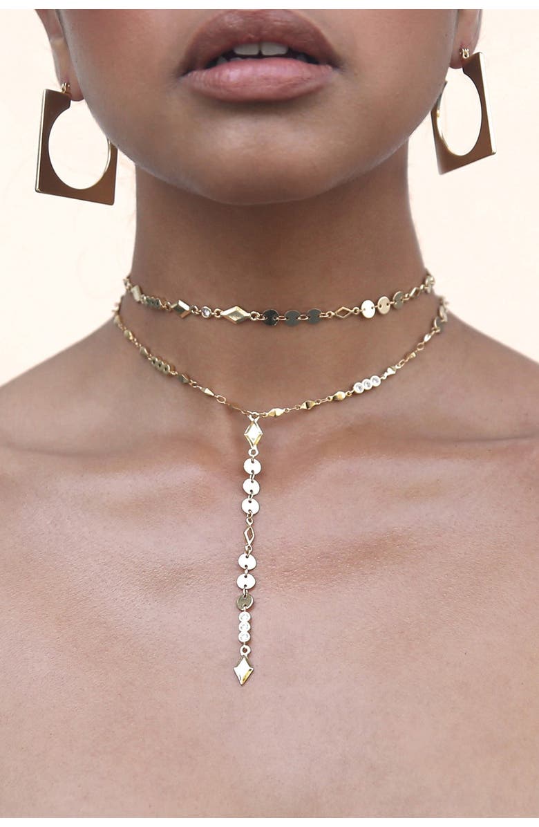 Ettika Set of 2 18K Gold Plated Cubic Zirconia Choker & Y-Necklaces, Alternate, color,