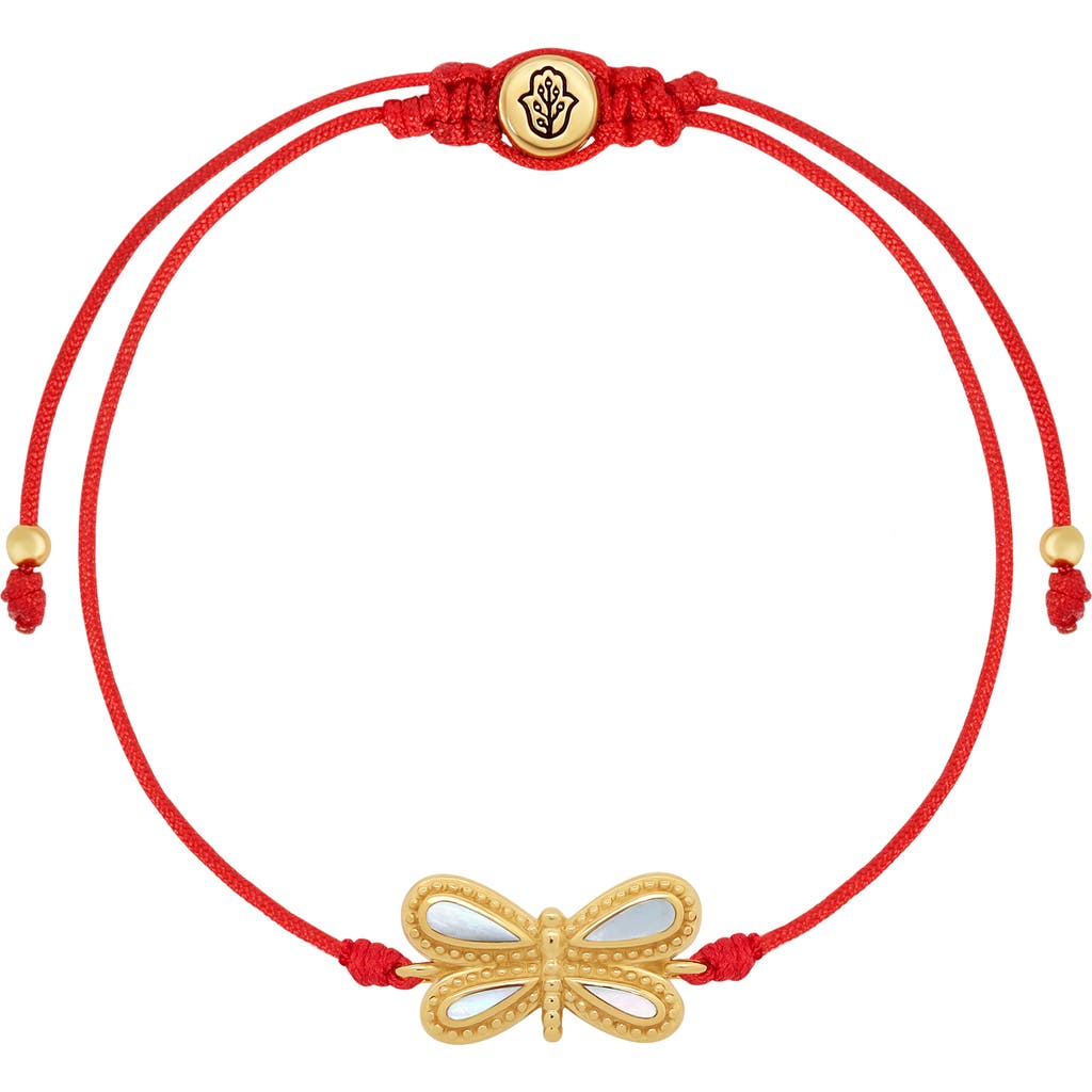 Karma And Luck Infinite Grace Mother Of Pearl Dragonfly Red String Bracelet In Multi