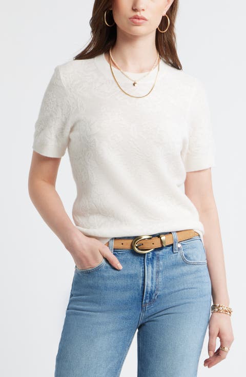Floral Jacquard Short Sleeve Wool & Cashmere Sweater
