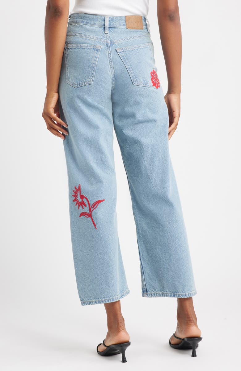 Topshop Embroidered Mid Rise Relaxed Straight Leg Jeans, Alternate, color, Mid Blue