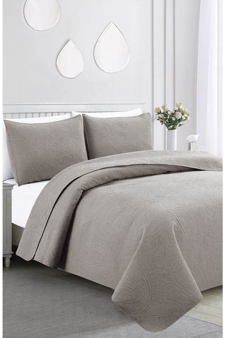 Pretty Paisley Embroidered 2-Piece Quilt Set, Alternate, color, GREY