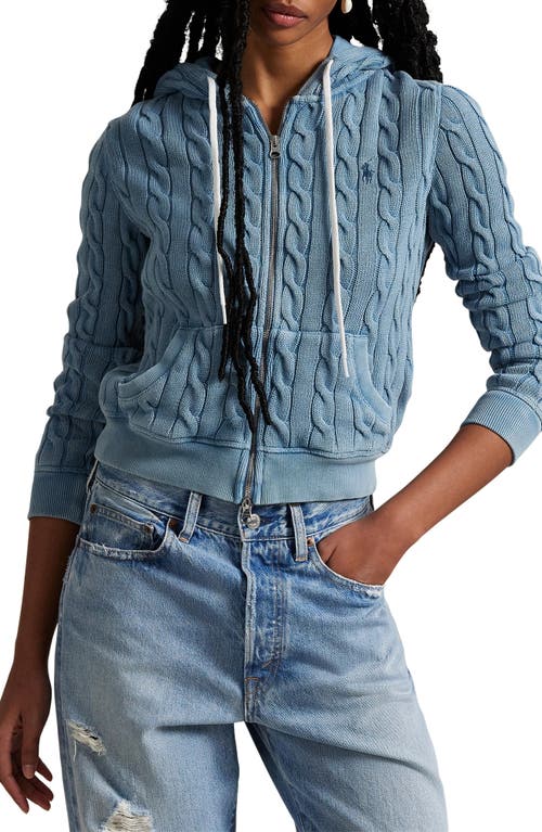 Shop Polo Ralph Lauren Cable Knit Cotton Full Zip Hoodie In Chambray Indigo