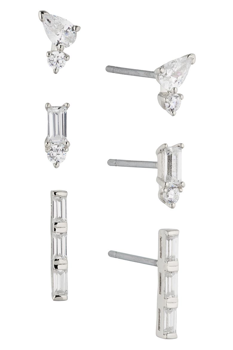 Set of 3 Cubic Zirconia Earrings, Main, color, RHODIUM