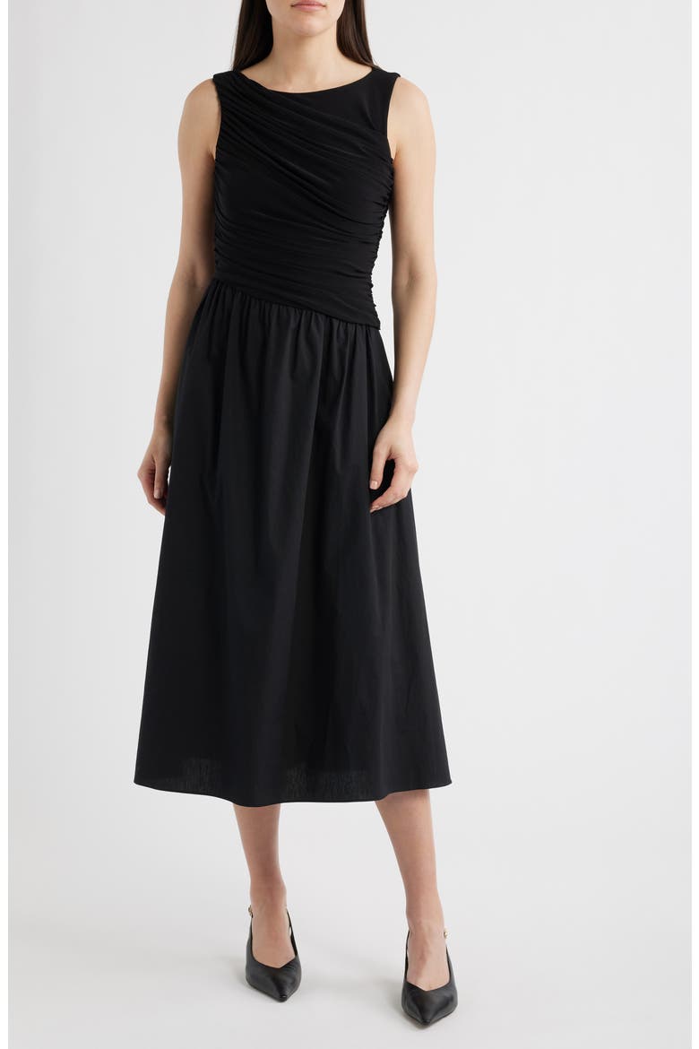 Ity Ruched Bodice Mixed Media Midi Dress, Main, color, BLACK