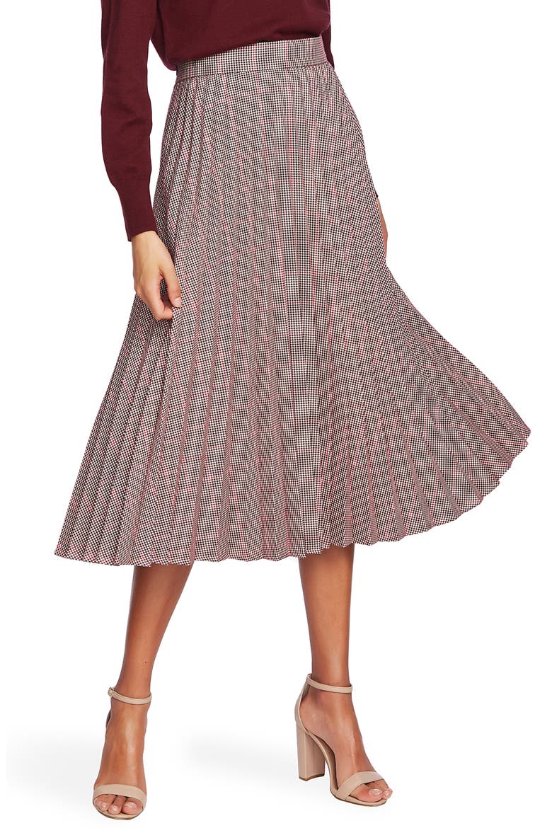 Houndstooth Pleated Midi Skirt, Main, color, DEEP CLARET