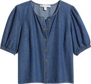 Anne Klein Puff Sleeve Denim Button-Up Shirt