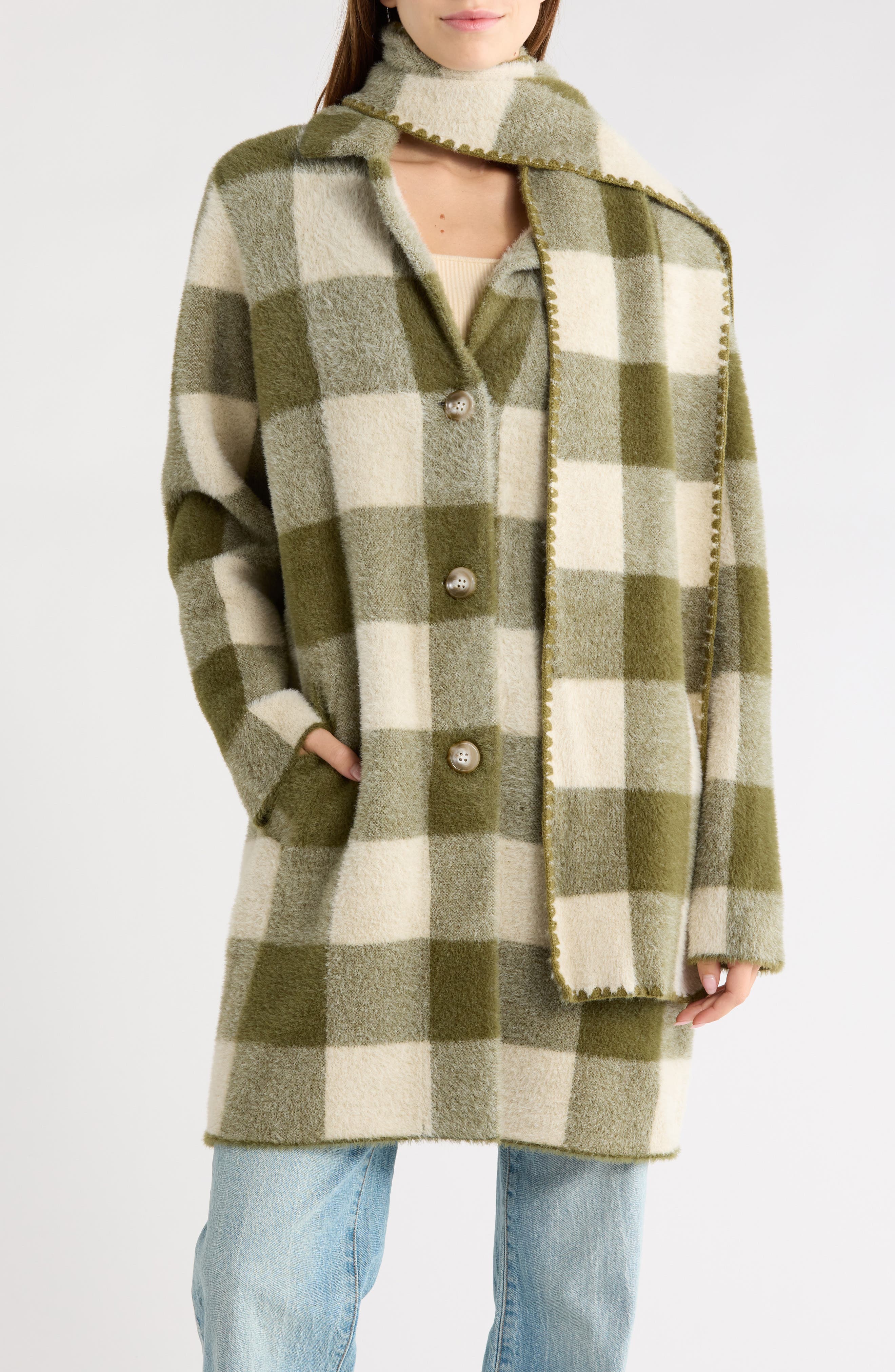 Buffalo Plaid Eyelash Coatigan with Attached Scarf