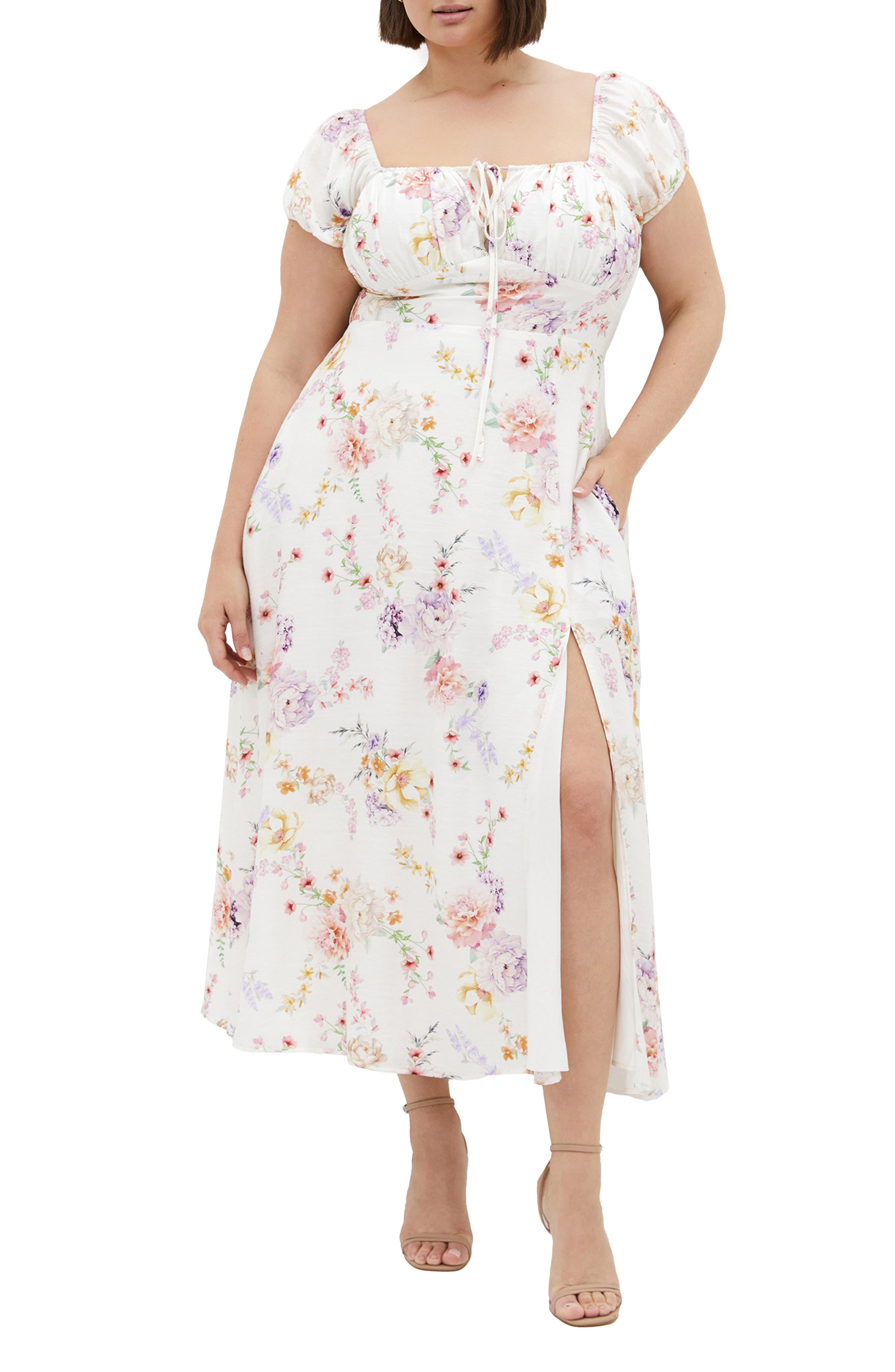 City Chic Women's Abbigail Floral Print Dress - Curve Hugging Maxi With Side Split