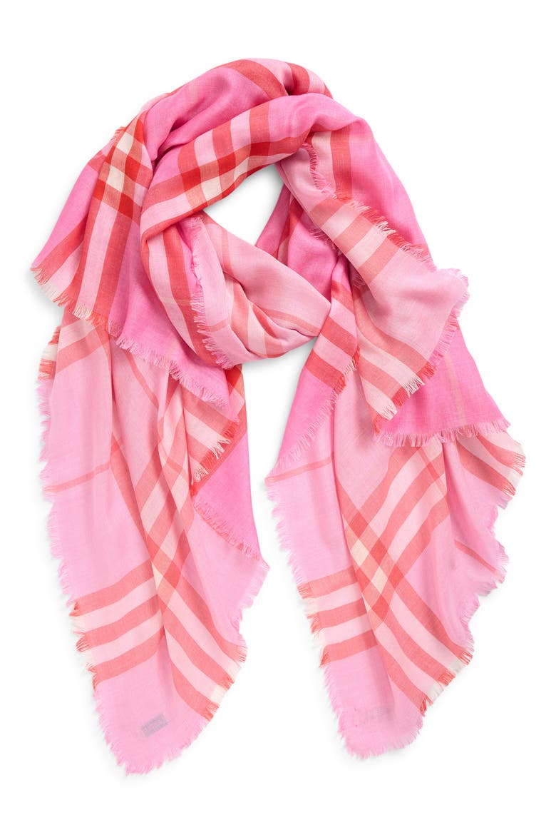 Medium Check Wool & Silk Gauze Fringe Scarf, Main, color, CAMI/ GLAZE PINK