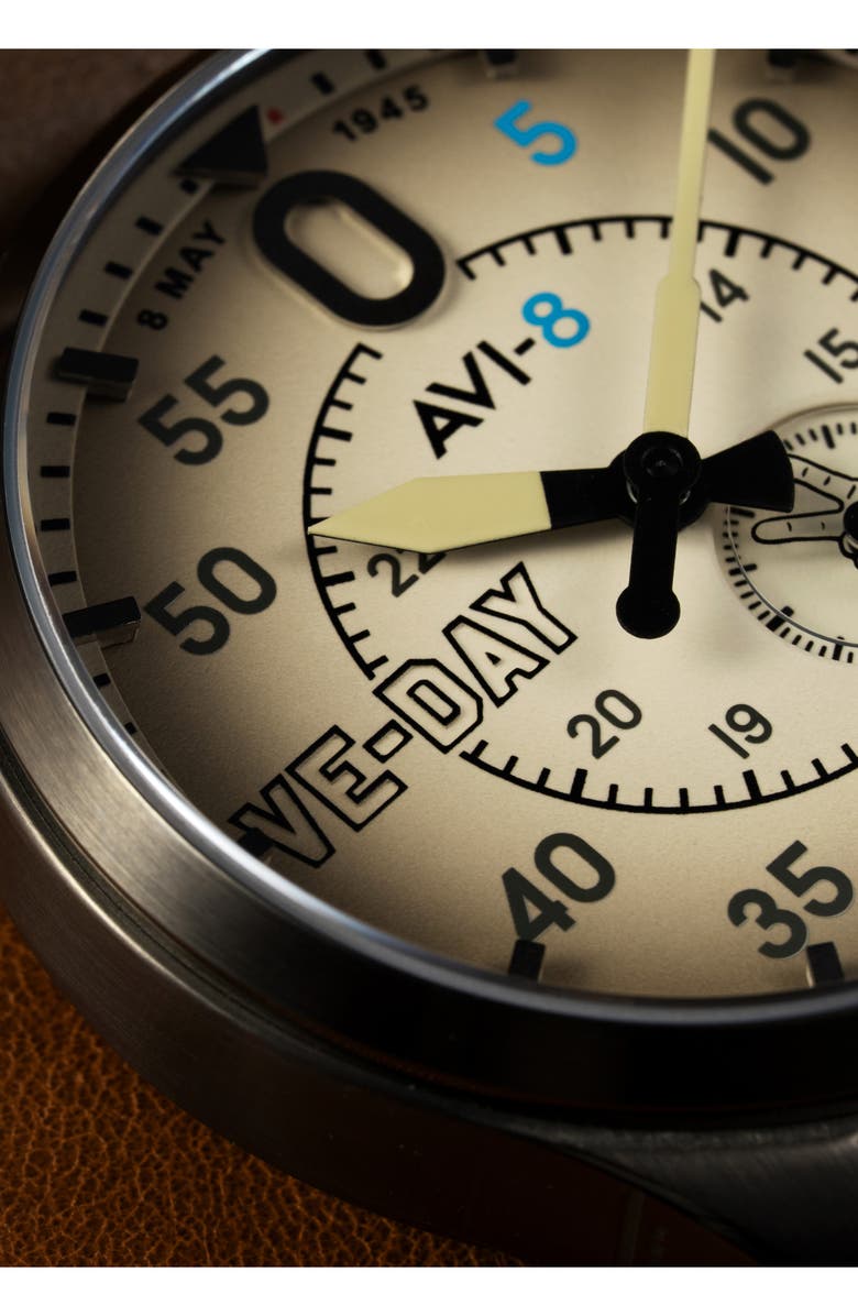 AVI-8 Spitfire Type 300 Automatic VE-Day 80th Anniversary Limited Edition Leather Strap Watch, 41mm, Alternate, color, Cream