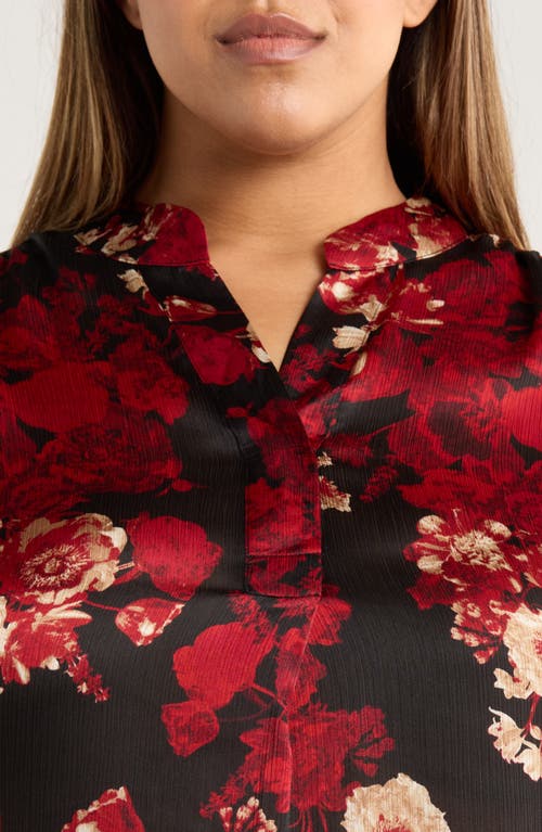 Anne Klein Pleated Print Split Neck Top In Black