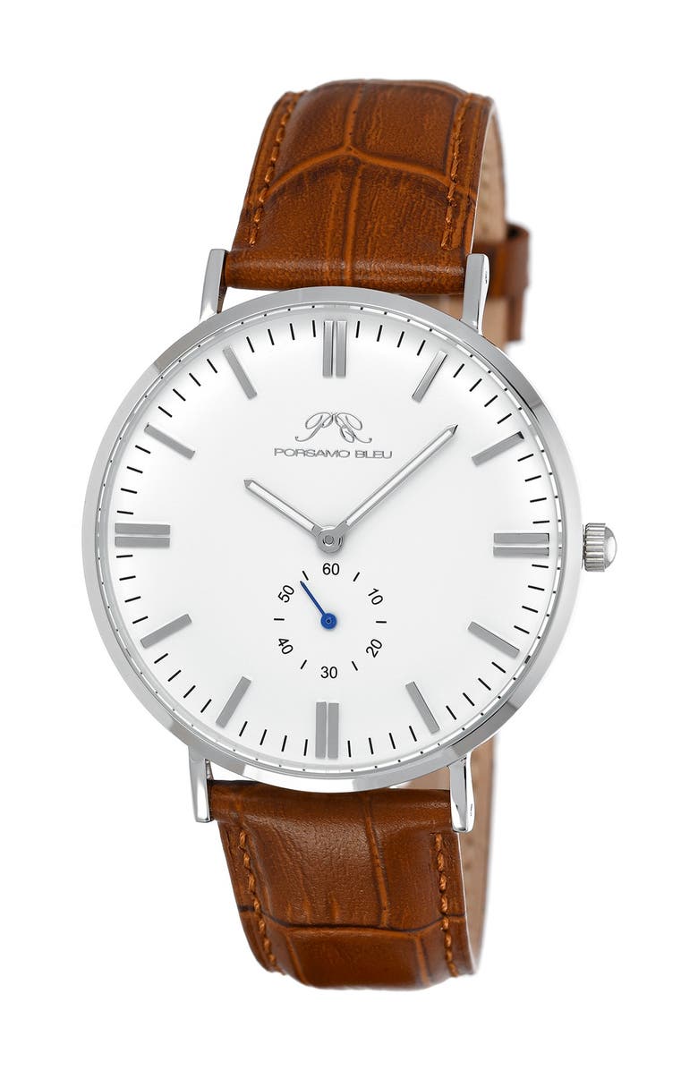 PORSAMO BLEU Men's Henry Leather Strap Dress Watch, 40.8mm, Main, color, 