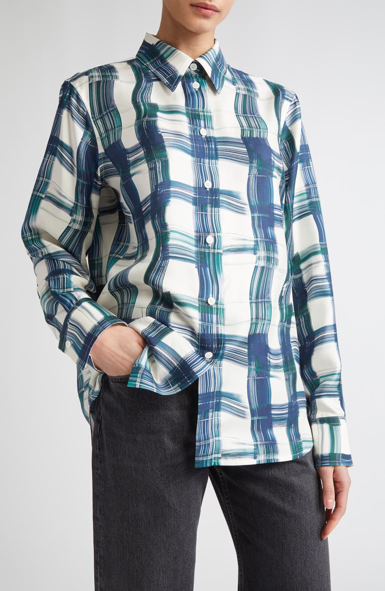 FERRAGAMO Brushstroke Print Silk Button-Up Shirt, Main, color, New Navy/ Moss