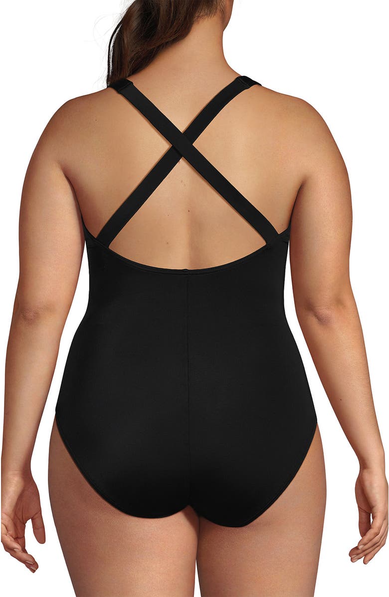 Lands' End Chlorine Resistant Scoop Neck X-Back High Leg Soft Cup Tugless Sporty One Piece Swimsuit, Alternate, color, Black