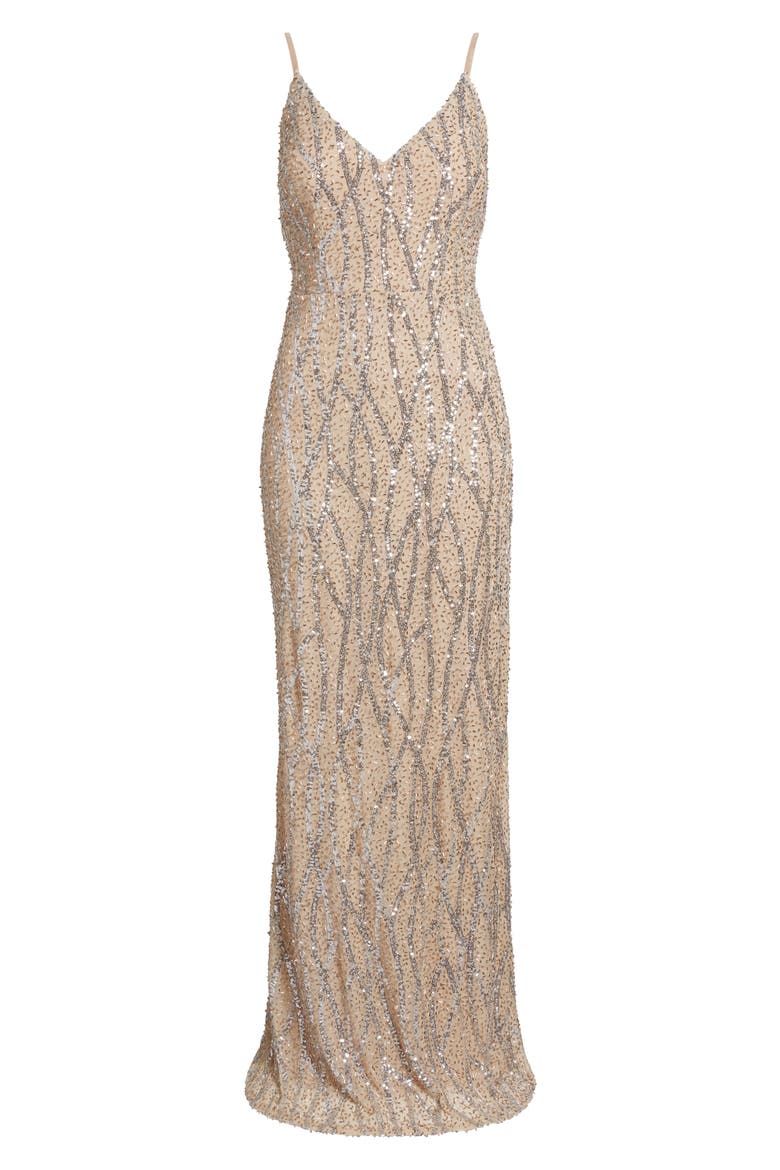 Sequin & Bead Tie Back Gown, Alternate, color, BEIGE