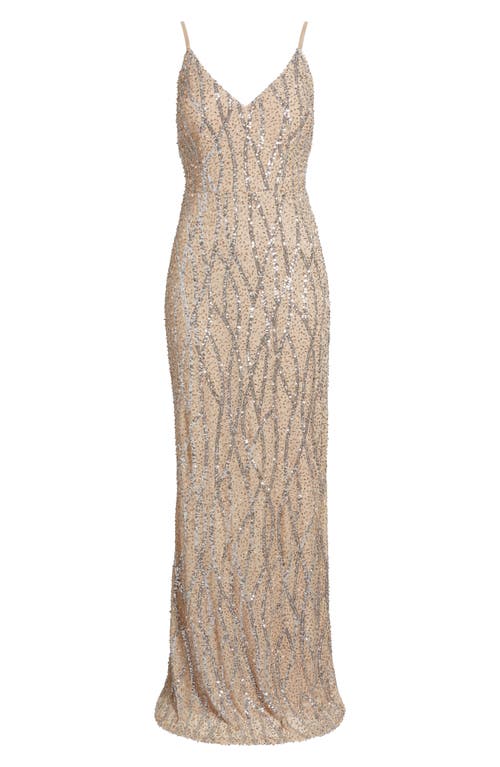 Jump Apparel Sequin & Bead Tie Back Gown In Beige