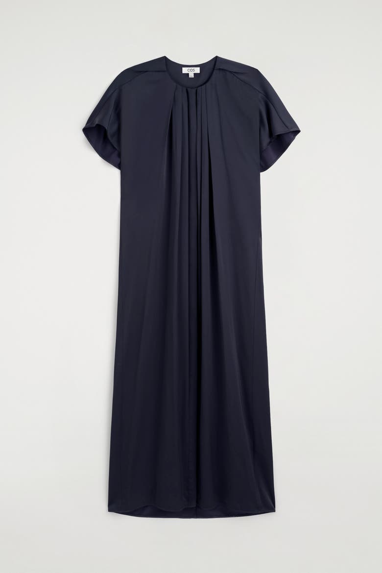 Pleated Satin Midi Dress, Main, color, NAVY