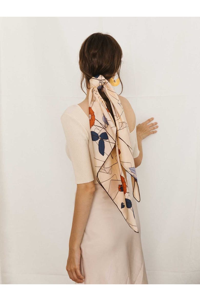 "Camellia" Large Silk Square Scarf, Alternate, color, Khaki