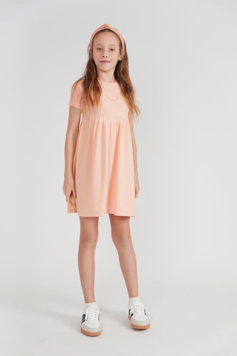 Girls Apricot Stripe Trim A-line Dress - Cotton-Spandex Knit