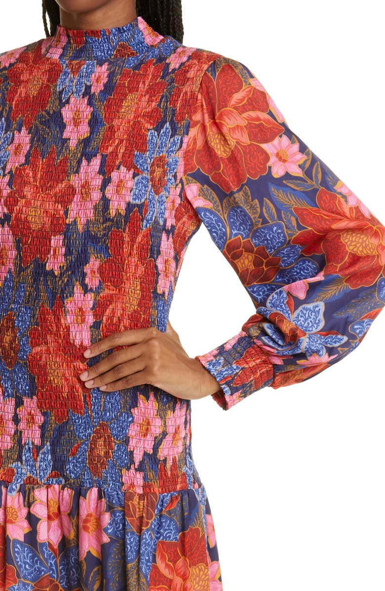 FARM Rio Garden Print Smocked Long Sleeve Minidress, Alternate, color, 