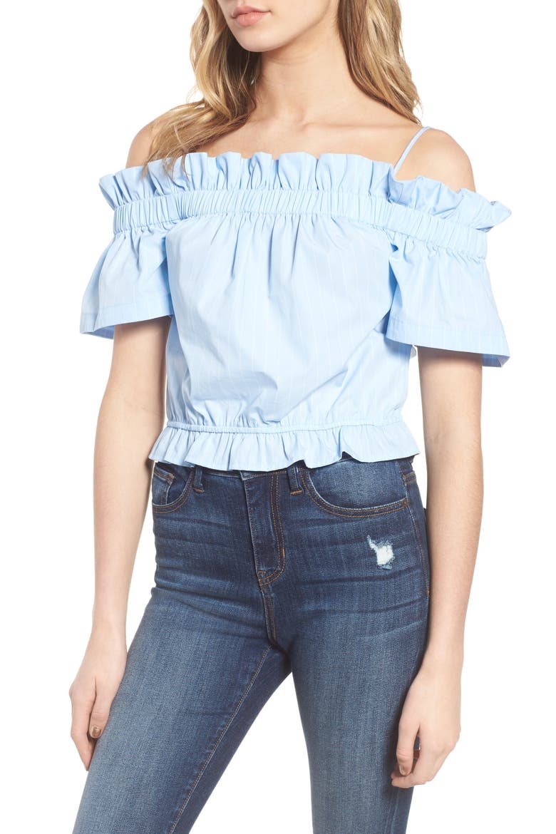 Cold Shoulder Ruffle Trim Top, Main, color, BLUE DRIFT RHEA STRIPE