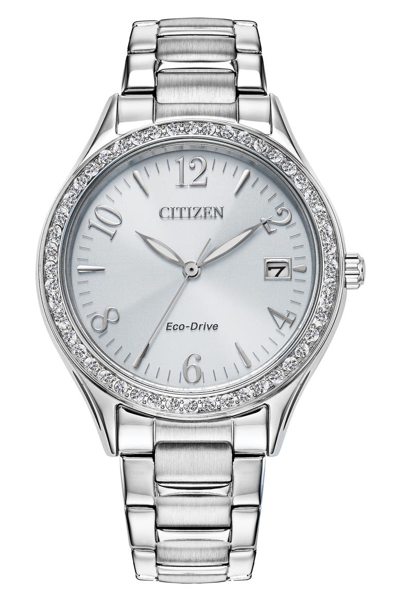 Eco-Drive® Crystal Bracelet Watch, 34mm, Main, color, SILVER