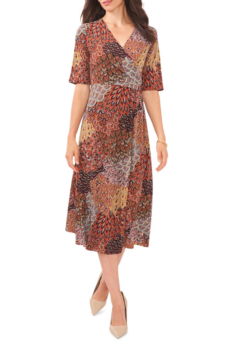 Mixed Print Faux Wrap Midi Dress, Main, color, SPICE