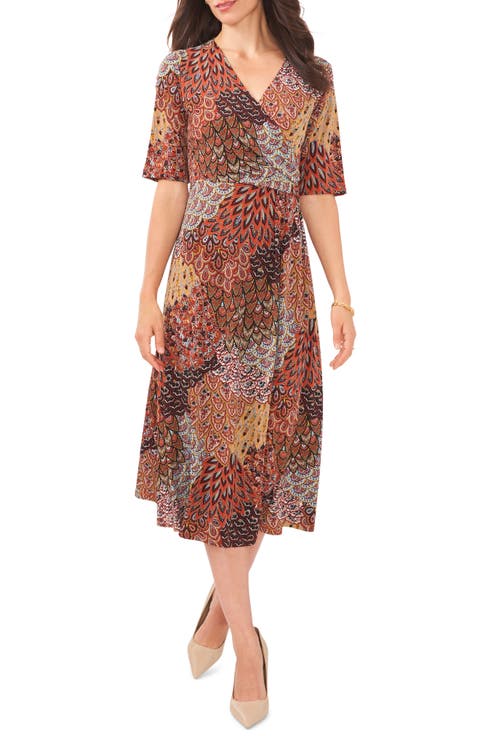 Mixed Print Faux Wrap Midi Dress