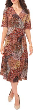 Chaus Mixed Print Faux Wrap Midi Dress