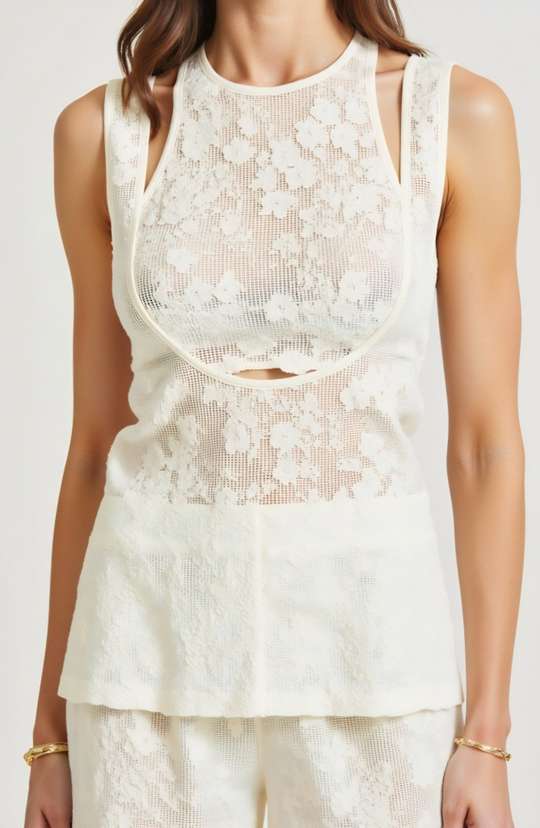 Modenaire Sleeveless Textured Top and Sheer Floral Wide-Leg Pants Set, Alternate, color,