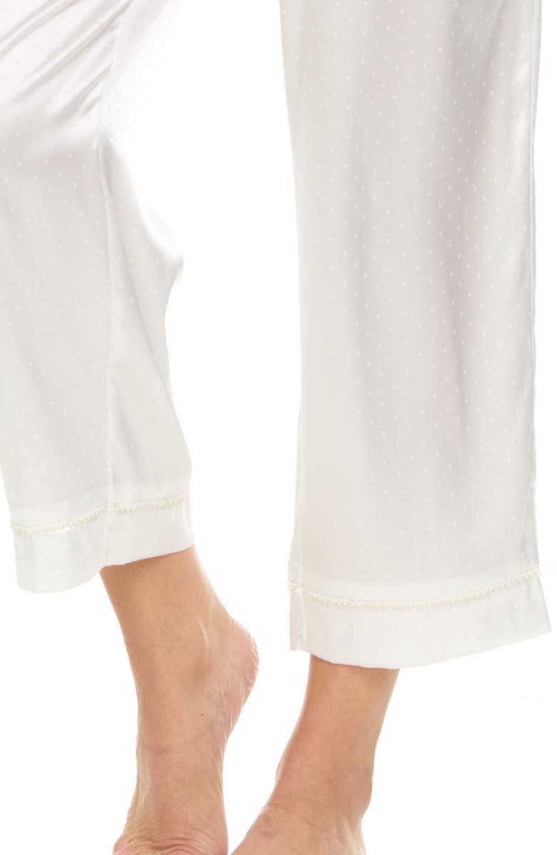 Flora Nikrooz Jamie Pin Dot Satin Capri Pajamas with Faux Pearl Trim, Alternate, color, Ivory