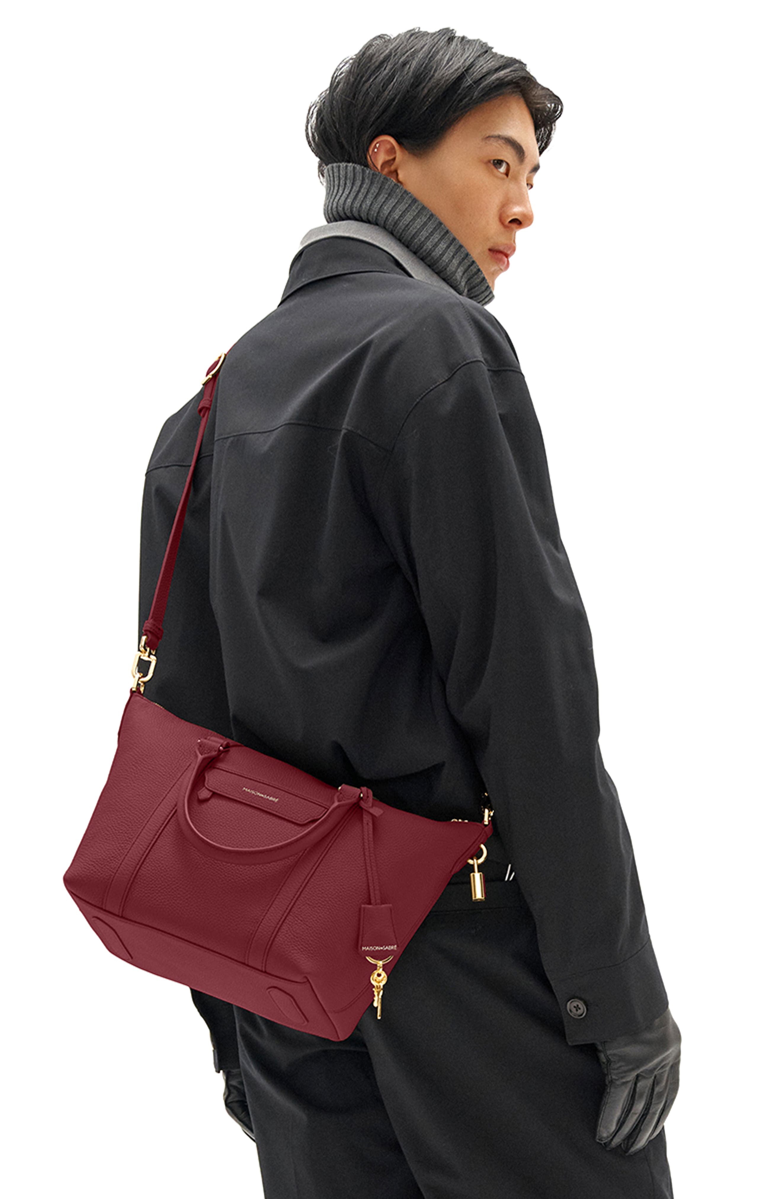 Small Leather Weekender, Alternate, color, Plum Red