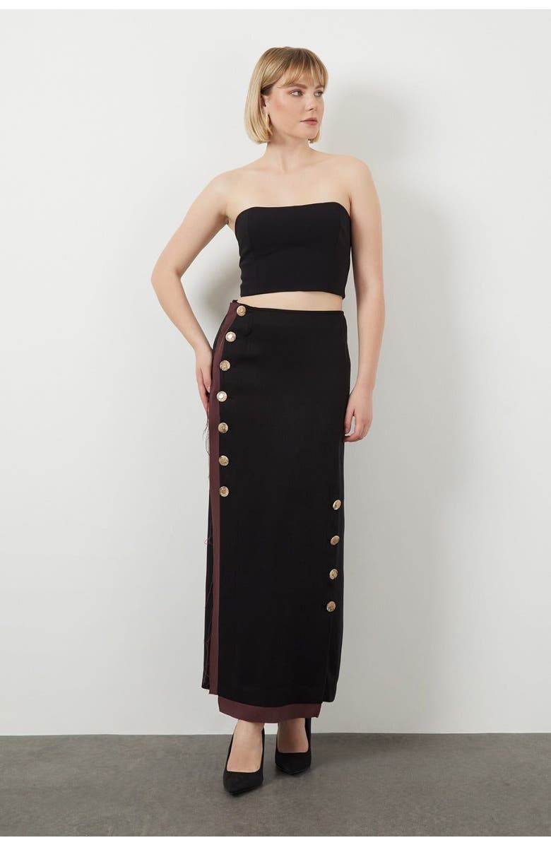 Gizia Double-Breasted Button High-Waist Black Midi Skirt, Main, color, Black