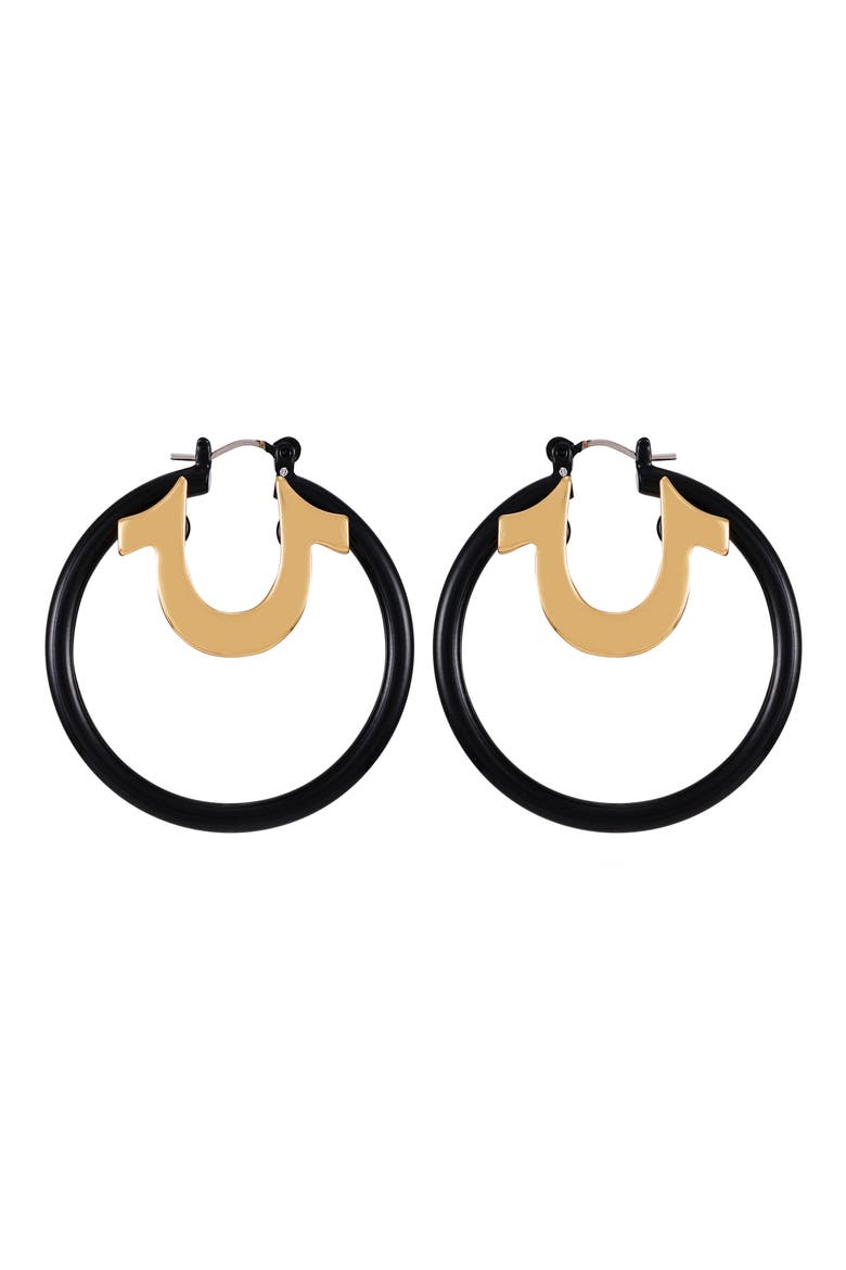 Two-Tone Enamel Horseshoe Hoop Earrings, Main, color, GOLDTONE/ JET
