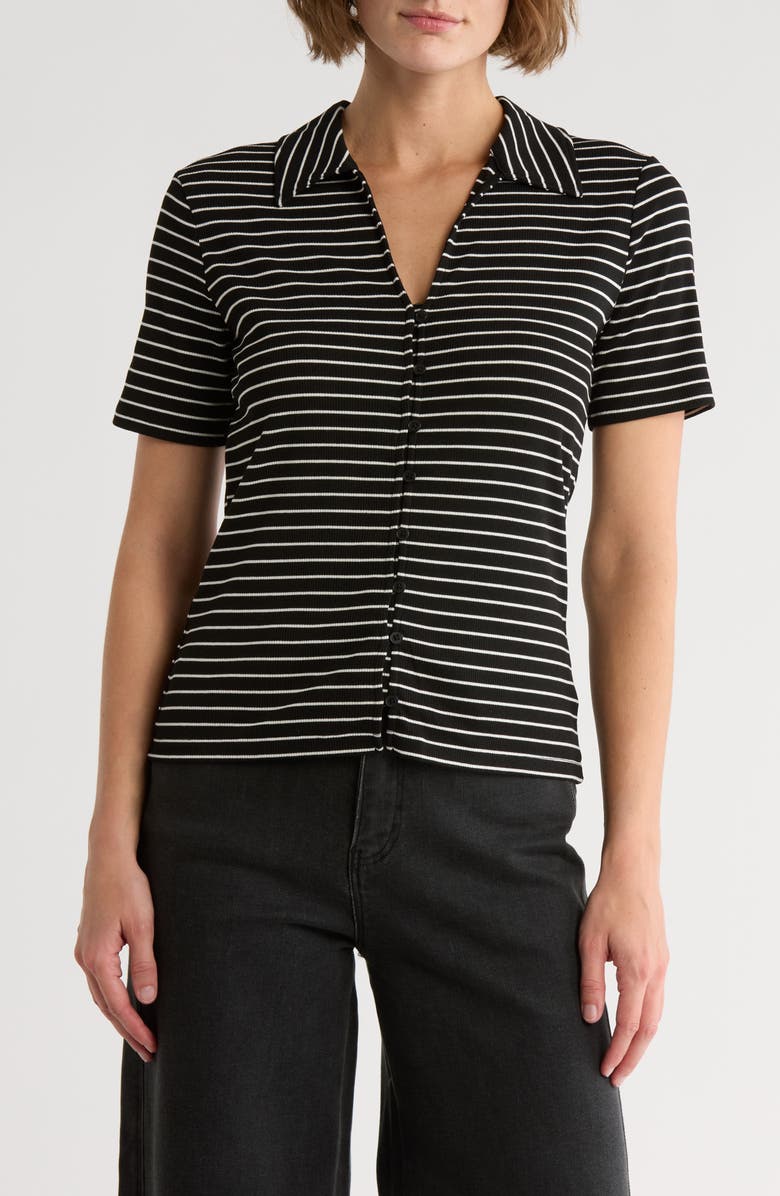 Sanctuary Stripe Button-Up T-Shirt, Main, color, Black/ Milk Stripe