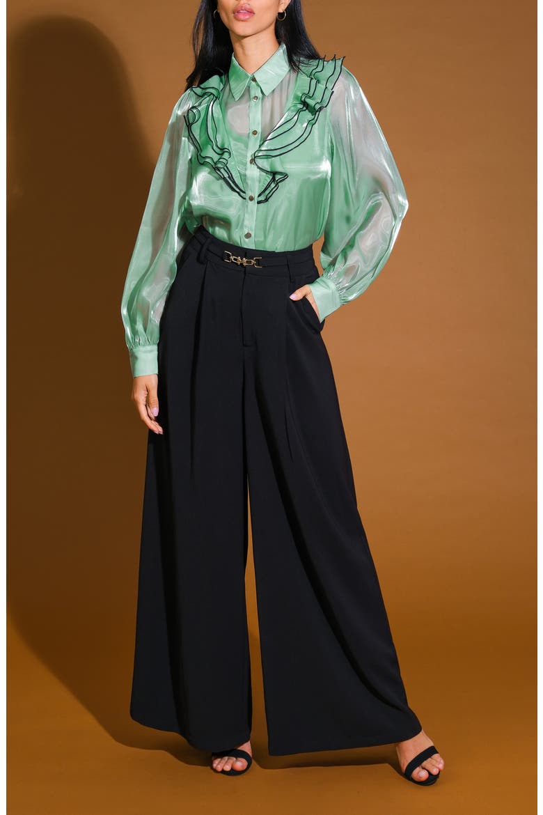 Ruffle Button-Up Shirt, Alternate, color, SAGE