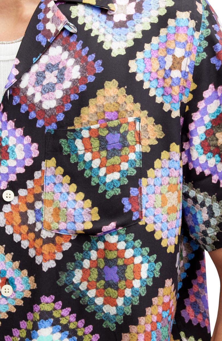 AllSaints Tunar Relaxed Fit Crochet Print Camp Shirt, Alternate, color, Jet Black