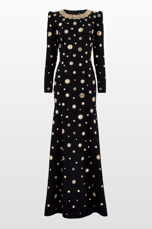 Jenny Packham Frency Mirror-embellished Puff-shoulders Maxi Dress In Black