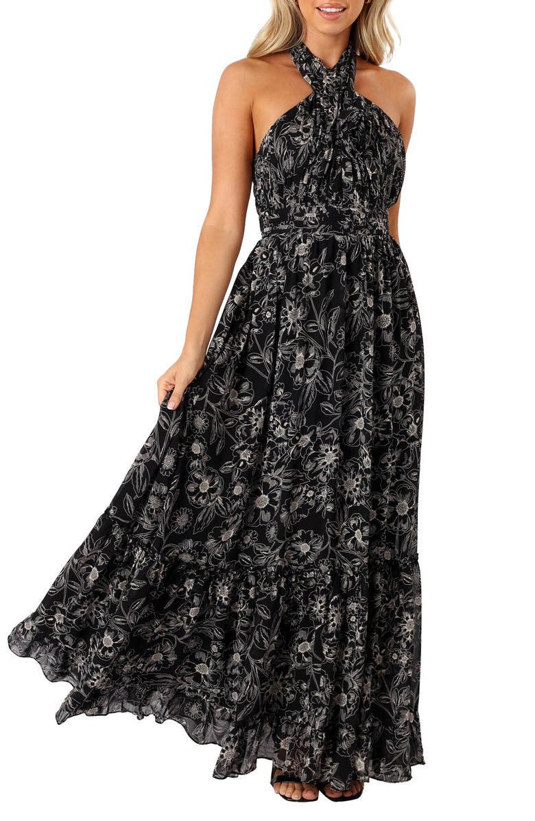 Petal & Pup Lennon Floral Halter Gown, Main, color, Black Floral