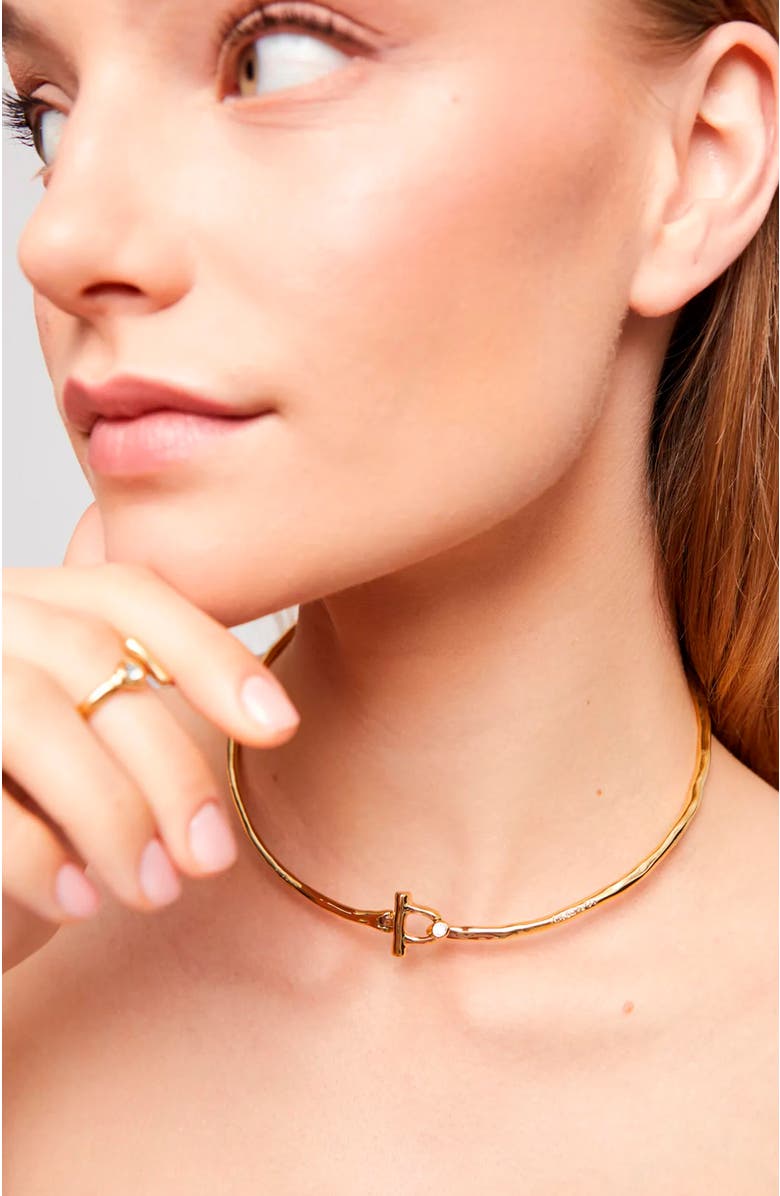 UNODE50 Rigid Necklace With 18K Gold-Plated Front Clasp With White Topaz, Alternate, color, Metallic Gold