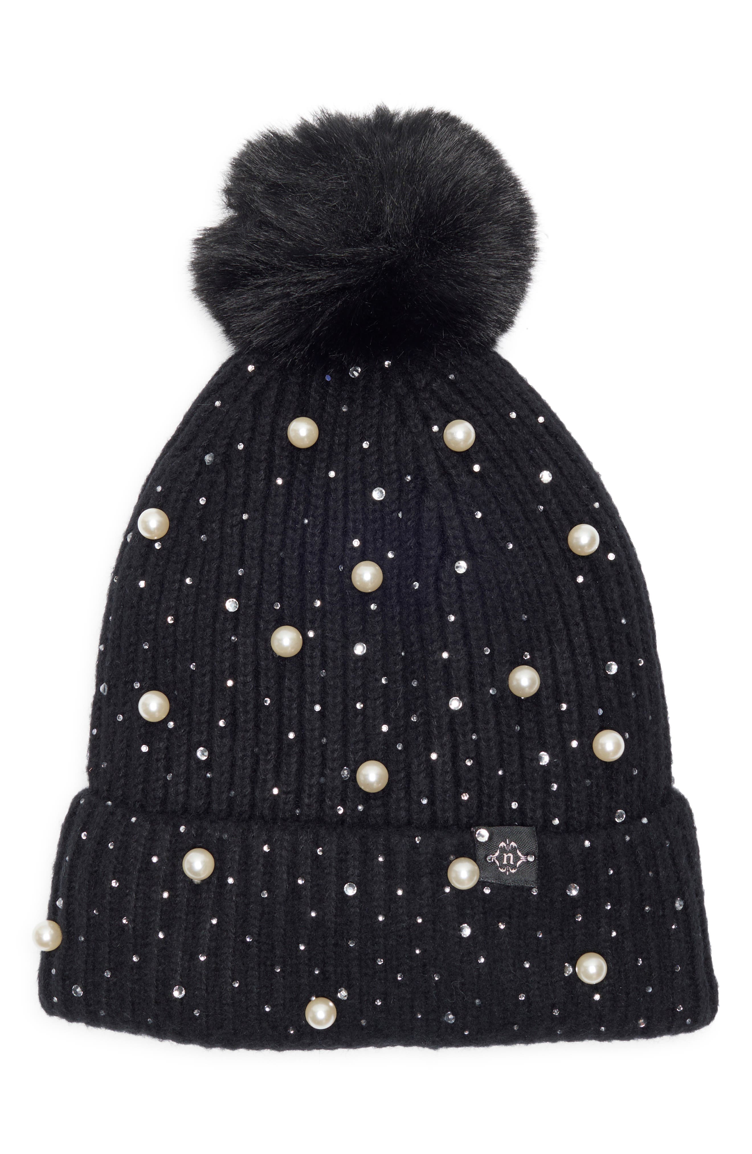 Nanette Lepore Scattered Embellished Faux Fur Pompom Beanie