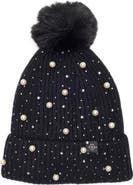 Nanette Lepore Scattered Embellished Faux Fur Pompom Beanie