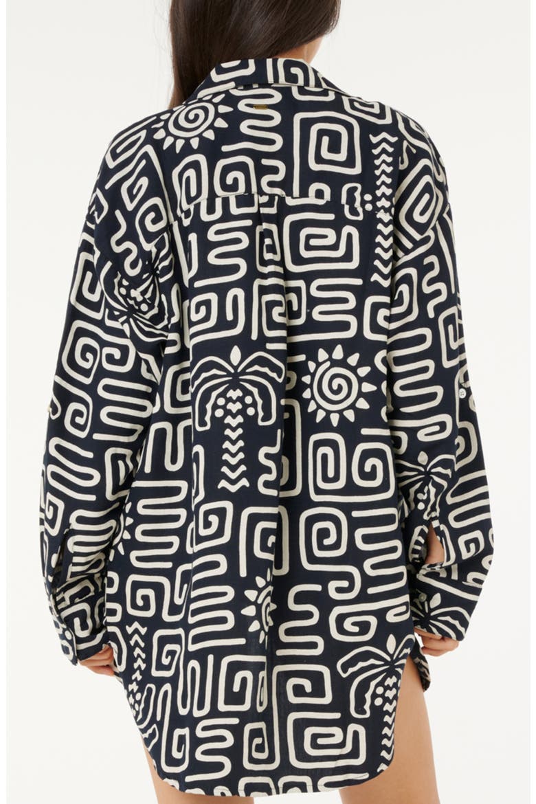 Sunset Luau Print Button-Up Oversize Blouse, Alternate, color, BLACK/ OFF WHITE