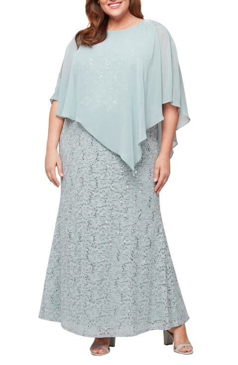 Sequin Floral Lace Dress with Capelet