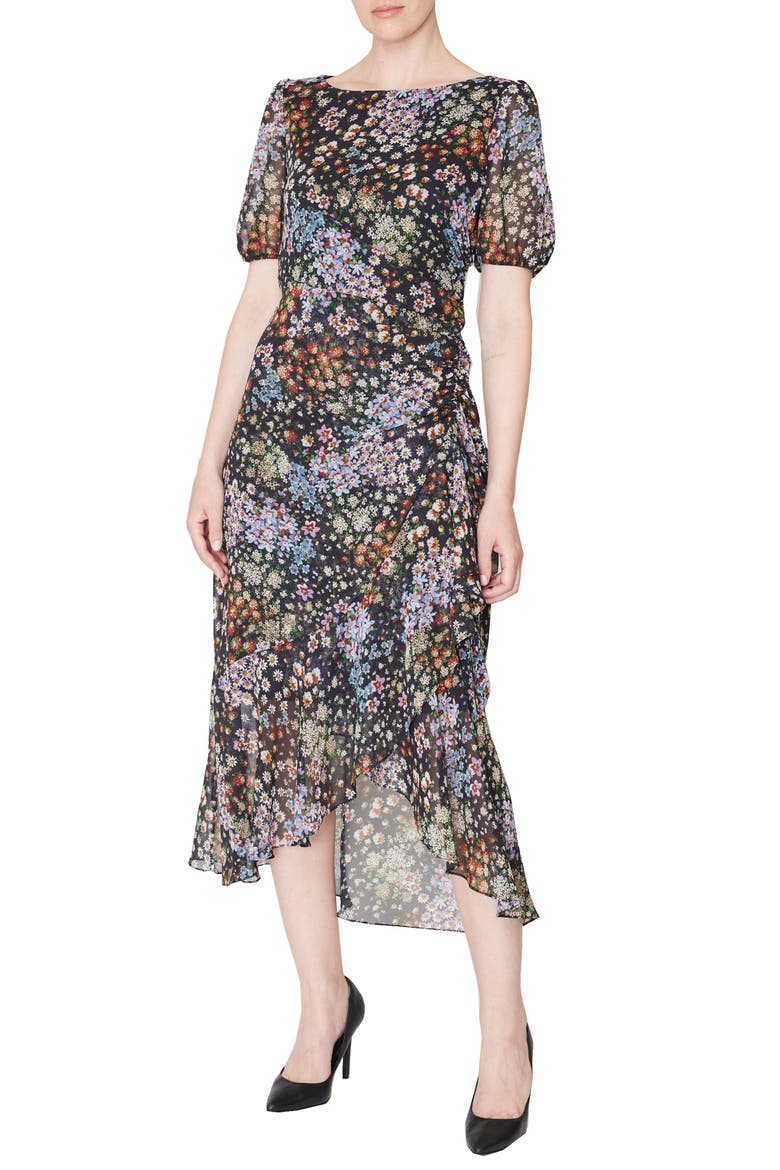Ruched Puff Sleeve High-Low Maxi Dress, Main, color, BLACK/MULT