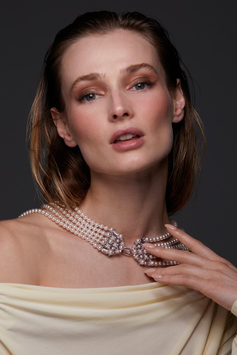 Ingrid Multi Pearl Strand Double Brooch Necklace, Alternate, color, Rhodium
