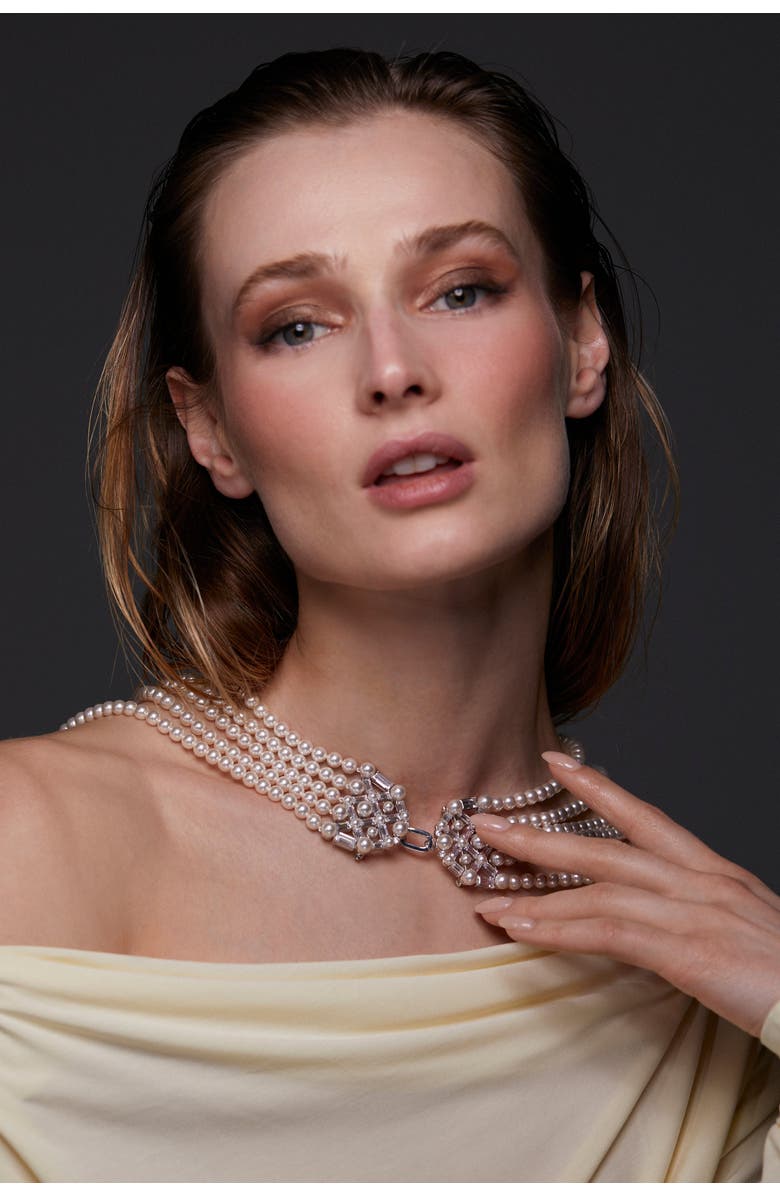 Nadri Ingrid Multi Pearl Strand Double Brooch Necklace, Alternate, color,